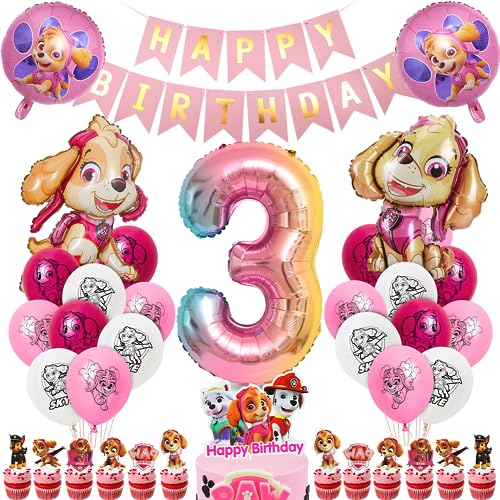 Geburtstagsdeko Mädchen 3 Jahre, Paw-Hund Geburtstag Deko, Sky Luftballons 3 Geburtstag, Folienballon Zahl 3, Happy Birthday Banner, Dog-Patrol Tortendeko als Kindergeburtstag Partydeko von Siphus