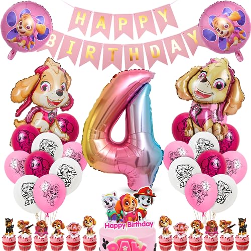 Geburtstagsdeko Mädchen 4 Jahre, Paw-Hund Geburtstag Deko, Sky Luftballons 4 Geburtstag, Folienballon Zahl 4, Happy Birthday Banner, Dog-Patrol Tortendeko als Kindergeburtstag Partydeko von Siphus