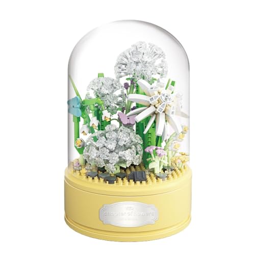 Sipobuy DIY Spieluhr Zum Bauen, 660-teiliges Blumenstrauß-Set Mit Staubdichter Kuppel – Kunstblumen-Sammlung, Konstruktionsspielzeug Für Heimdekoration (Löwenzahn) von Sipobuy
