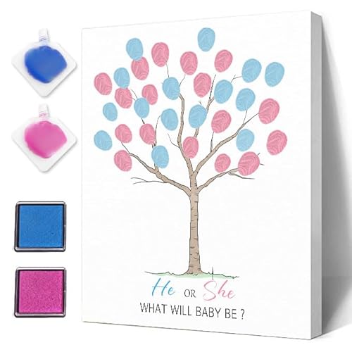 Lustiges Babyparty-Gästebuch, Partyspiel, Geschlecht enthüllen, Fingerabdruckblätter, Baum, Geschlechtsoffenbarung, Babyparty-Ideen, Andenken, besondere bedeutungsvolle Leinwanddekoration von Sirjiera