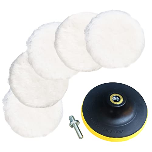 Sisha-A Wolle-Polierpad-Set, 12.5 cm (5 Zoll) Schafschurwolle-Polierpads mit Basispad & Adapter für Auto-Politur, Holzmöbel, Glas und mehr – 7-teiliges Set von Sisha-A