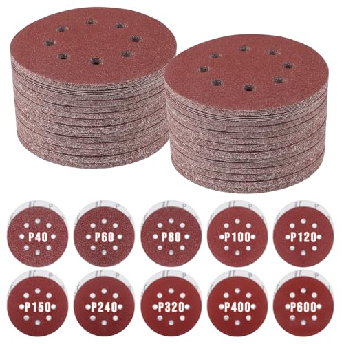 Siumir 100 Stück Schleifscheiben, 8-Loch Rundschleifscheiben 125 mm Klett, Schleifscheiben-Set für Exzenterschleifer (Korngröße 40/60/80/100/120/150/240/320/400/600) von Siumir