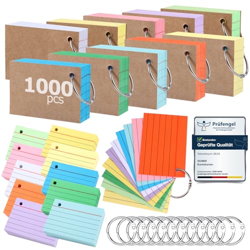 Siumir 1000 Stücke Karteikarten, Doppelseitiger Druck, A8 Lernkarten, mit Krafteinband und Loseblattring, Zehn Farben Linierte Karteikarte, geeignet für Büros & Wohnungen & Schulen (7.4 x 5.2 cm) Siumir 1000 Stücke Karteikarten, Doppelseitiger Druck, A8 Lernkarten, mit Krafteinband und Loseblattring, Zehn Farben Linierte Karteikarte, geeignet für Büros & Wohnungen & Schulen (7.4 x 5.2 cm) von Siumir