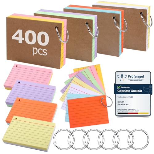 Siumir 400 Stücke Karteikarten, Doppelseitiger Druck, A7 Lernkarten, mit Krafteinband und Loseblattring, Acht Farben Linierte Karteikarte, geeignet für Büros & Wohnungen & Schulen (10.5 x 7.4 cm) von Siumir