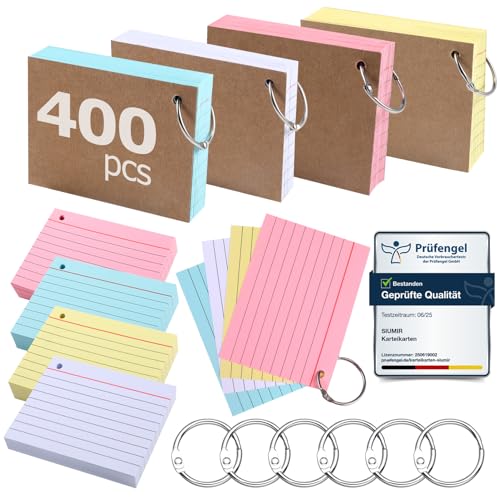 Siumir 400 Stücke Karteikarten, Doppelseitiger Druck, A7 Lernkarten, mit Krafteinband und Loseblattring, Vier Farben Linierte Karteikarte, geeignet für Büros & Wohnungen & Schulen (10.5 x 7.4 cm) Siumir 400 Stücke Karteikarten, Doppelseitiger Druck, A7 Lernkarten, mit Krafteinband und Loseblattring, Vier Farben Linierte Karteikarte, geeignet für Büros & Wohnungen & Schulen (10.5 x 7.4 cm) von Siumir