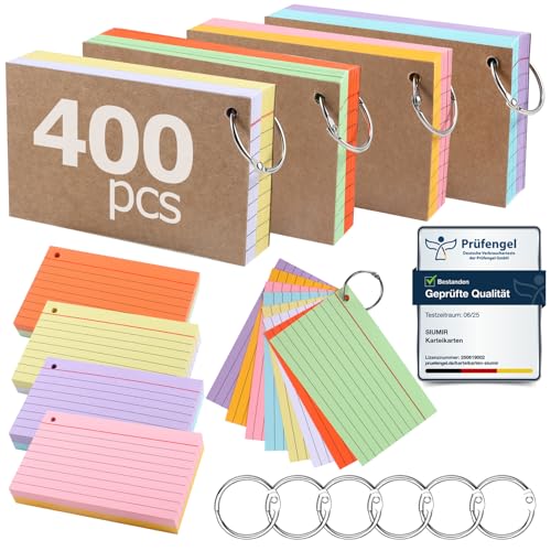 Siumir 400 Stücke Karteikarten, Doppelseitiger Druck, Lernkarten, mit Krafteinband und Loseblattring, Acht Farben Linierte Karteikarte, geeignet für Büros & Wohnungen & Schulen (12.5x7.5cm) von Siumir