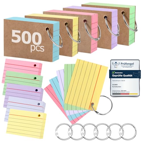 Siumir 500 Stücke Karteikarten, Doppelseitiger Druck, A8 Lernkarten, mit Krafteinband und Loseblattring, Fünf Farben Linierte Karteikarte, geeignet für Büros & Wohnungen & Schulen (7.4 x 5.2 cm) von Siumir