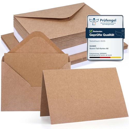 Siumir 56 Stück Zwei Farben Set blanko Falt Karten A6 mit passenden C6 Briefumschlägen, Blanko Falt Karten, Weiß und Kraftbraun kreative Klappkarten zum Gestalten, Beschriften oder Bedrucken von Siumir