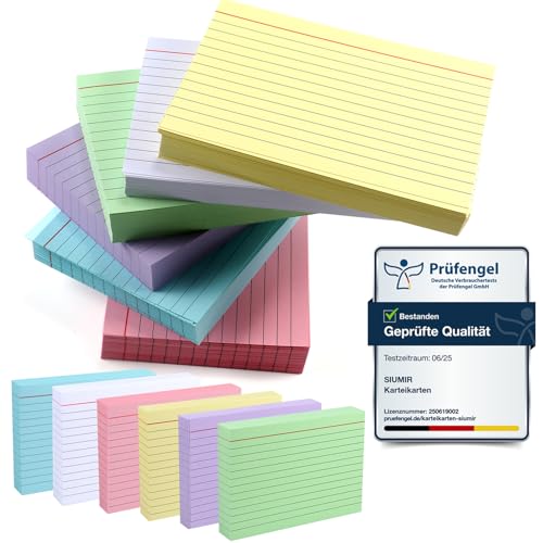 Siumir 600 Stücke Karteikarten, Doppelseitiger Druck, A6 Lernkarten, mit Krafteinband und Loseblattring, Sechs Farben Linierte Karteikarte, geeignet für Büros & Wohnungen & Schulen (14.8 x 10.5 cm) von Siumir