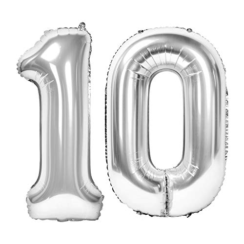 Siumir Zahlenballons Silber Number Folienballons Zahl 10 Riesenzahl Luftballons für Geburtstag, Hochzeit, Jubiläum Party Dekoration von Siumir