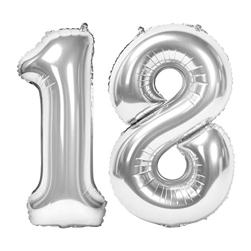 Siumir Zahlenballons Silber Number Folienballons Zahl 18 Riesenzahl Luftballons für Geburtstag, Hochzeit, Jubiläum Party Dekoration von Siumir