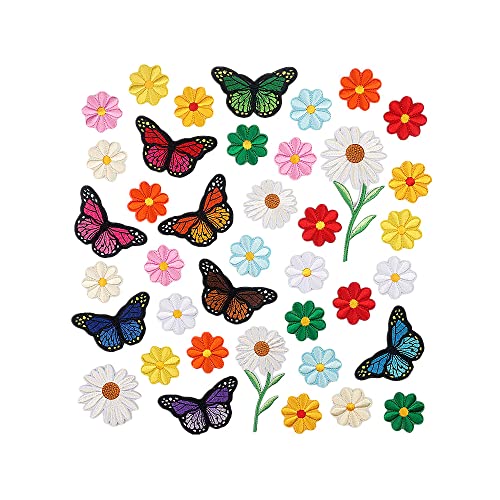 35 Stück Schmetterlings-Stickerei-Aufbügelflicken, florale Tier-Aufbügelflicken, genähte Applikationen, Aufbügelflicken für Kleidung, Hüte, Taschen, Kunsthandwerk von Sivono