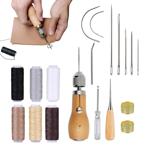 Leder Nähset, Lederhandwerk Ledernähset,Nähset grundausstattung Enthalten Leder Nähahle,Hand Ledernadeln,6 Rollen Leder Wachsfaden,Mit 7Pcs Nadel, Messingring,Greifer,für DIY Handwerk von Sivono