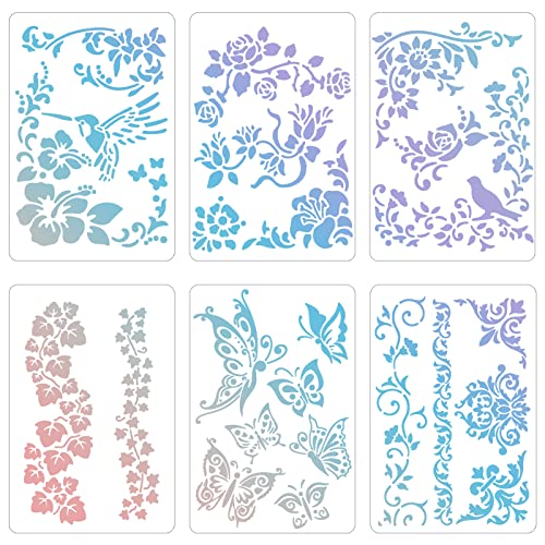 Sixfolo 6 Stück Zeichnung Malschablonen Set Blumen Pflanzen Vogelschablonen Kunststoff Zeichnung Malerei Schablonen Wiederverwendbar Schablonen für Holz,Boden,Möbeln,Wänden und Scrapbooking von Sixfolo