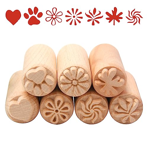 Sixfolo 7 Stück Holzstempel Holz Keramik Werkzeuge Stempel Runde Ton Stempel Naturholz Stempel mit Blume und Herz Mustern für Ton, Keramik,Teig Oder Gebäck,Scrapbooking von Sixfolo