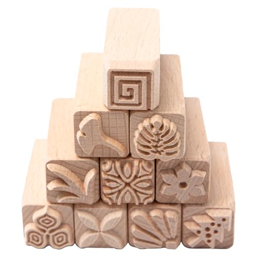 Sixfolo Töpfer Stempel Set 10 Stück Naturholz stempel für Ton und Keramik Quadratisch Töpfern Zubehör Stempels mit Verschiedenen Pflanzen Muster für DIY Ton, Keramik und Kekse(5x2x2 cm) von Sixfolo