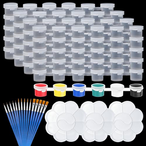 Sixfolo120 Töpfe Leere Farbstreifen 5ml Kleine Farbtöpfchen mit Deckel Mini Farbtopf Kunststoff Farbbehälter Klein mit 15 Pinsel und 3 Mischpalette für Malen und Bastelarbeiten (20 Streifen) von Sixfolo