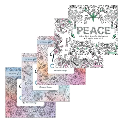 Sixstore Malbücher für Erwachsene, Set mit 5 Büchern, Designs - Tier-, Blumen-, Muster-, Liebes- und Friedens-Illustrationen - Achtsamkeits- und Entspannungs-Zeichenblock von Sixstore