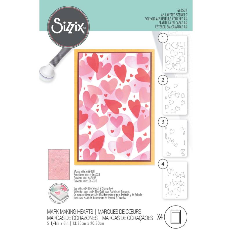 Layered Stencils Mark Making Hearts 4 Stück von Sizzix