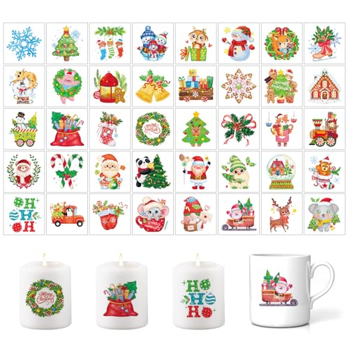 40 Stück Kerzentattoos Weihnachten,6 * 6cm Kerzen Aufkleber Weihnachten Kerzen Sticker Kerze Folie Weihnachts Rub On Sticker Kerzentattoos Advent mit Glitzereffekt für Kerze Tasse Adventskerz (A) von Skeadex