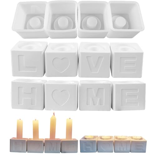 4er Set Silikonform Kerzenhalter LOVE Silikonformen Gießformen Kerzenhalter Buchstaben Silikon Giessform Gipsform zum Gießen Beton Gießform Epoxidharz Form für Stabkerzen und Teelichter (LOVE HOME) von Skeadex