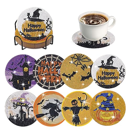 8 Stück Halloween Diamond Painting Untersetzer mit Halter Halloween Deko DIY Halloween Tischuntersetzer Glasuntersetzer 5D Diamant Painting Coaster für Erwachsene Kinder Anfänger,Kunsthandwerk (A) von Skeadex