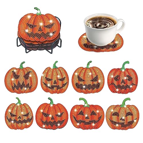 8 Stück Halloween Diamond Painting Untersetzer mit Halter Halloween Deko DIY Halloween Tischuntersetzer Glasuntersetzer 5D Diamant Painting Coaster für Erwachsene Kinder Anfänger,Kunsthandwerk (B) von Skeadex