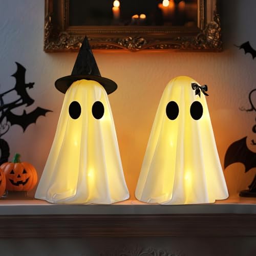 Halloween Deko Geister mit LED Licht, Beleuchtete Halloween Geister Deko mit Hexenhut Stehendes Gespenst mit Lichtern Weiße Light Up Ghost Helloween Deko Gespenst Deko für Hof Veranda Rasen (A+B) von Skeadex