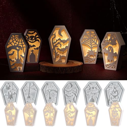 Silikonformen Gießformen Halloween, 7 Stück Silikonform Geschenkbox mit Spinnen Geister Muster Gießformen Silikon Halloween Silikonform Herbst Gießform Geschenkbox Gips Zum Gießen Halloween (A) von Skeadex