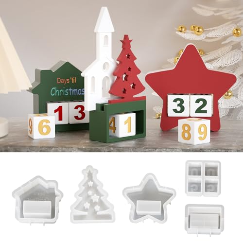Silikonformen Gießformen Weihnachten, 5er Silikonform Häuser und Gießform Quadratische mit Zahlen 1-4 Gießformen Silikon Weihnachten Gips zum Gießen Giessformen Silikon Haus Kerzenhalter (D) von Skeadex