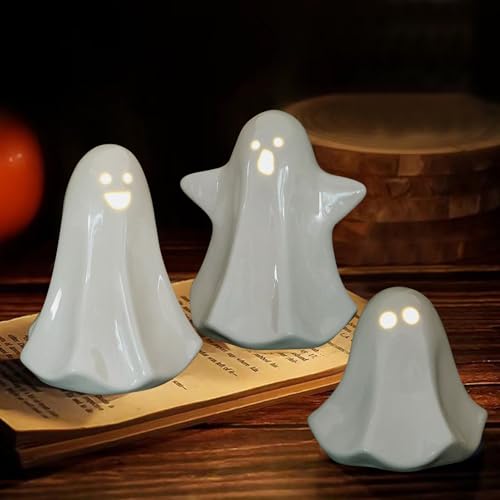 Skeadex Halloween Deko Geist, 3 Stück Keramik Geist Nachtlicht, Halloween Deko Geister Figuren mit LED Licht, Halloween Geisterlichter Batteriebetrieben für Geschenk Tischdeko Partydeko von Skeadex