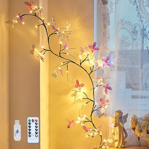 Skeadex Lichterkette Frühling,1.6M 36 LED Frühlingsdeko Lichterkette Willow Vine mit Schmetterling Deko,USB Künstliche Weidenzweige Lichterkette mit Timer,Wand Deko Biegbare Baumzweige Lichter (A) von Skeadex