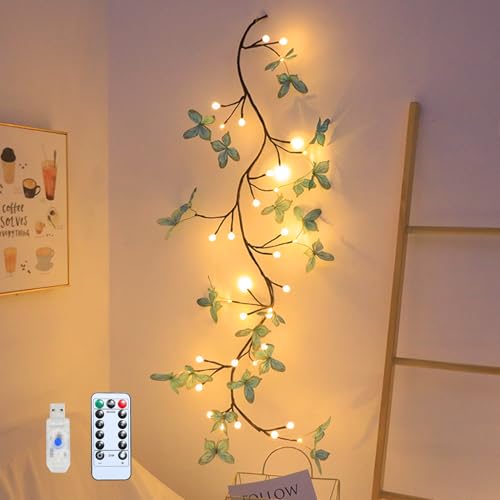 Skeadex Lichterkette Frühling,1.6M 36 LED Frühlingsdeko Lichterkette Willow Vine mit Schmetterling Deko,USB Künstliche Weidenzweige Lichterkette mit Timer,Wand Deko Biegbare Baumzweige Lichter (B) von Skeadex