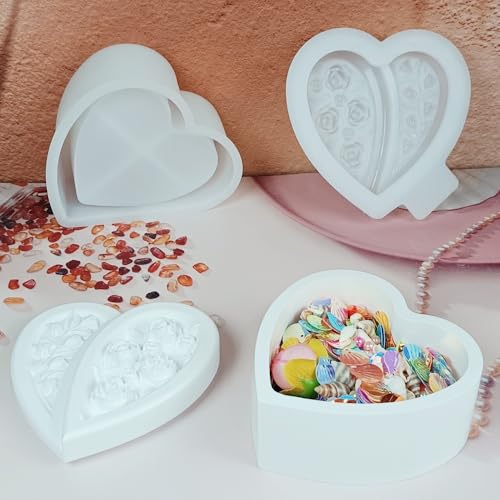 Skeadex Silikonformen Gießformen, 2er Silikonform Herz Gießform Dose mit Deckel Gießformen Silikon Herz mit Blume Gips zum Gießen Silikonform Dose Gießform Herzen für DIY von Skeadex