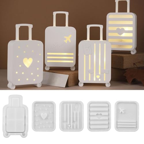 Skeadex Silikonformen Gießformen Gepäckbox, 5 Stück Silikonform Koffer Gießform Gepäckbox mit Herz Flugzeug Muster Gießformen Silikon Weihnachten Gips zum Gießen Giessform Silikon Koffer (A) von Skeadex