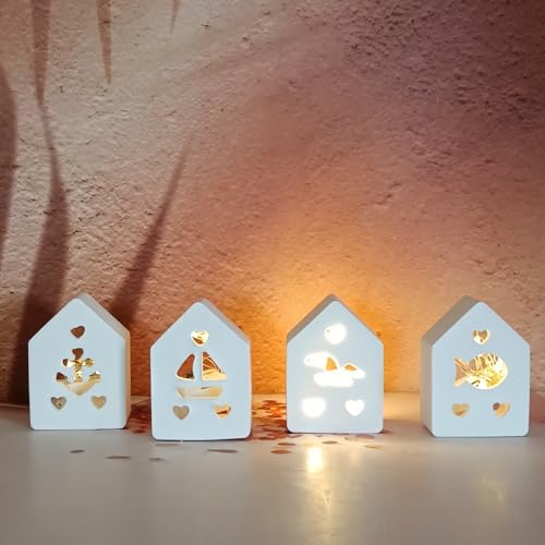 Skeadex Silikonformen Gießformen Häuser, 4er Mini Silikonform Haus Gießform Häuser Gießformen Silikon Sommer Gips zum Gießen Silikonformen Haus mit Anker Boot Fisch Muster für DIY Gips Kerzen (A) von Skeadex