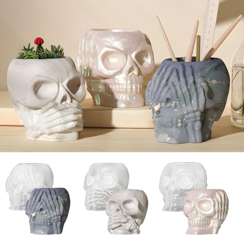 Skeadex Silikonformen Gießformen Halloween, 3er 3D Silikonform Skeleton Gießformen Silikon Halloween Gießform Totenköpfen Gips Zum Gießen Silikon Gießform Herbst Silikonform Blumentöpfe von Skeadex