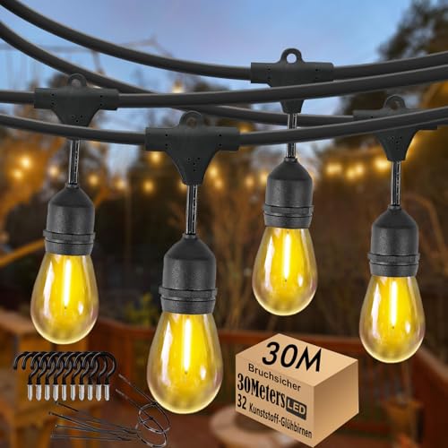 LED Lichterkette Außen 30M,S14 E27 Lichterkette Wasserdicht IP65 mit 30+2 LED-Lampen 2700K Warmweiß für GartenTerrasse Hochzeiten [Energieklasse G] von Skeerei