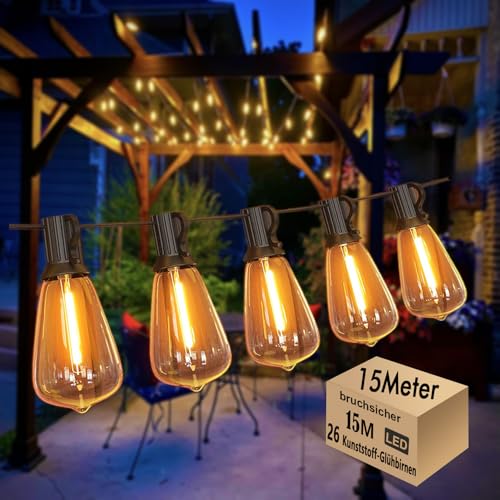 Skeerei 15M Lichterkette Außen LED ST38 Edison Outdoor Lichterkette wasserdicht IP44 mit 25+1 Plastikbirne Wasserdicht Hängende Glühbirnen Lichter für Pergola Party Warmweiß [Energieklasse G] von Skeerei