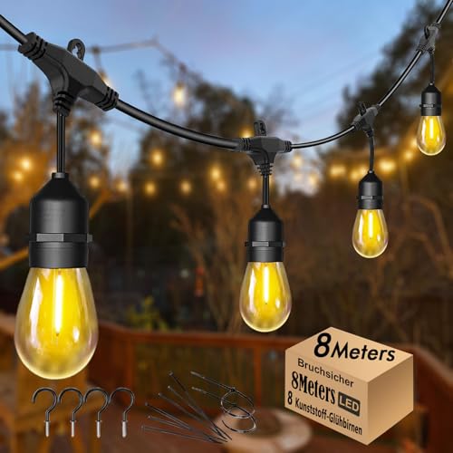Skeerei 8M Lichterkette Außen Wasserdicht IP65,garten Lichterkette mit 7+1 E27 LED-Lampen 2700K Warmweiß für GartenTerrasse Hochzeiten [Energieklasse G] von Skeerei