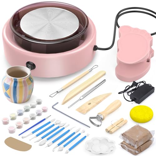 Skirfy Mini-Töpferscheibe für Anfänger und Erwachsene, 24,1 cm, Keramikmaschine für Kinder, Kunsthandwerk leuchtet im Dunkeln, 1 kg, lufttrocknender Ton, Schnitzwerkzeuge, verstellbare Geschwindigkeit von Skirfy