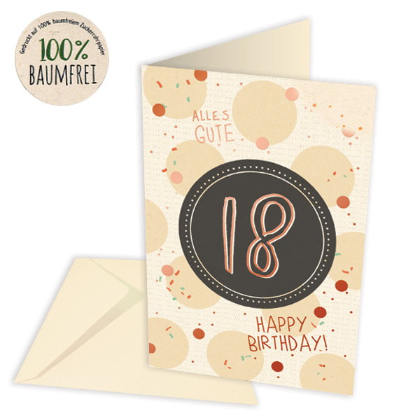 Geburtstagskarte zum 18. Geburtstag aus Zuckerrohrpapier, inkl. Umschlag Geburtstagskarte zum 18. Geburtstag aus Zuckerrohrpapier, inkl. Umschlag von Skorpion GmbH