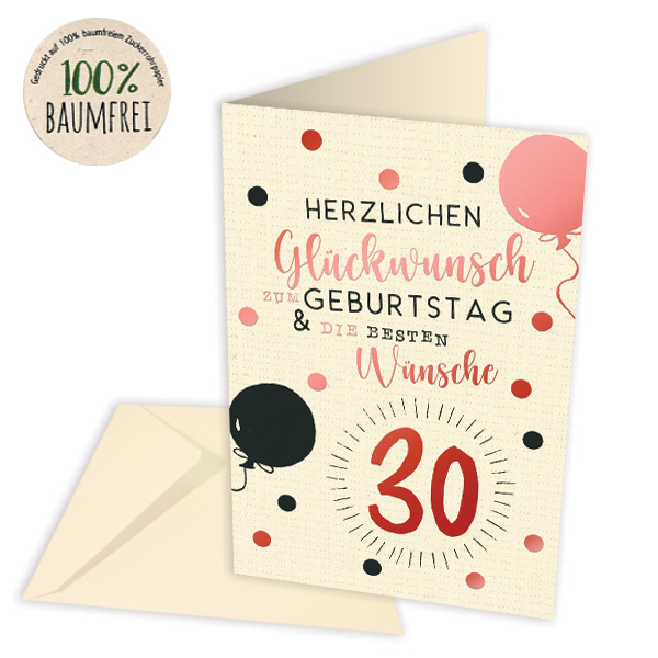 Geburtstagskarte zum 30. Geburtstag aus Zuckerrohrpapier, inkl. Umschlag Geburtstagskarte zum 30. Geburtstag aus Zuckerrohrpapier, inkl. Umschlag von Skorpion GmbH