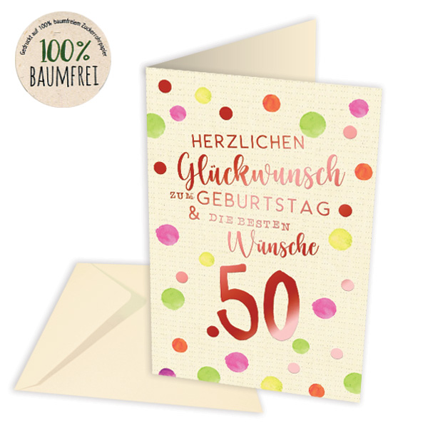 Geburtstagskarte zum 50. Geburtstag aus Zuckerrohrpapier, inkl. Umschlag von Skorpion GmbH