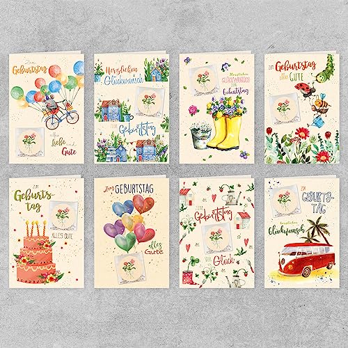 GreenLine Geburtstagskarten mit Blumensamen, 8 Stück | aus 100% baumfreien Zuckerrohrpapier | Klappkarte Blanko inkl. Umschlag | Glückwunschkarten, Blumensamen Geschenk, 11,5x17cm von Skorpion