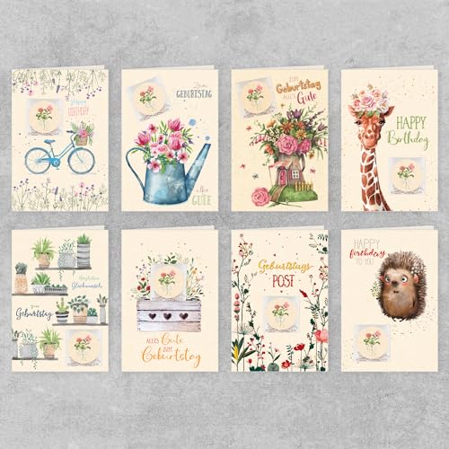 GreenLine Geburtstagskarten mit echten Blumensamen, 8 Stück | 100% baumfreies Zuckerrohrpapier | Klappkarte Blanko inkl Umschlag | Glückwunschkarten, Blumensamen Geschenk, 11,5x17cm von Skorpion