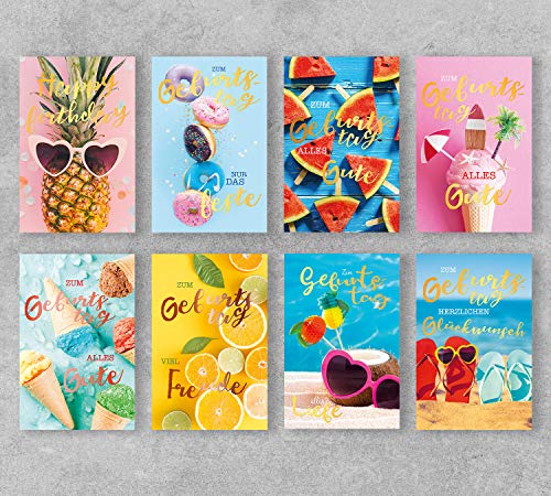 PremiumLine Geburtstagskarten Set 8 Stück inkl. Briefumschlag sommerliche Glückwunschkarte Happy Birthday Eis Strand Meer 11,5 x 17,5 cm Klappkarte von Skorpion