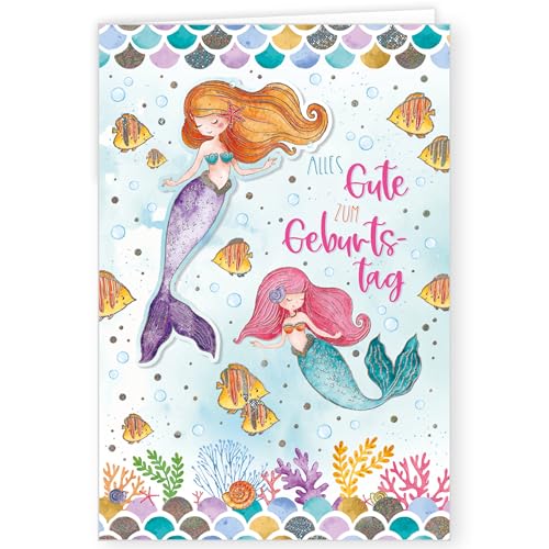 PremiumLine Glückwunschkarte zum Geburtstag | 1 Stück mit Umschlag | Geburtstagskarte Meerjungfrau | 11,5 x 17,5 cm | Klappkarte mit Stanzteil | Kinderkarte von Skorpion