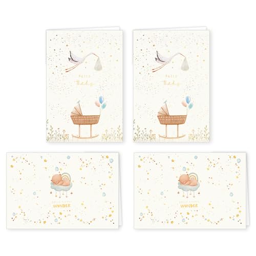 Skorpion PremiumLine Glückwunschkarten zur Geburt Set 4 Stück inkl. Briefumschlag Baby Glückwünsche Junge Mädchen Grußkarte 11,5 x 17 cm umweltfreundliche Klappkarte aus Naturkarton Papeterie von Skorpion