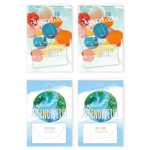 PremiumLine Glückwunschkarten zur Jugendweihe 4 Stück mit Geldkuvert und Umschlag Jugendweihekarte 11,5 x 17 cm Geldkarte Klappkarte mit Spruch, innen Blanko | 4 Grußkarten PremiumLine Glückwunschkarten zur Jugendweihe 4 Stück mit Geldkuvert und Umschlag Jugendweihekarte 11,5 x 17 cm Geldkarte Klappkarte mit Spruch, innen Blanko | 4 Grußkarten von Skorpion